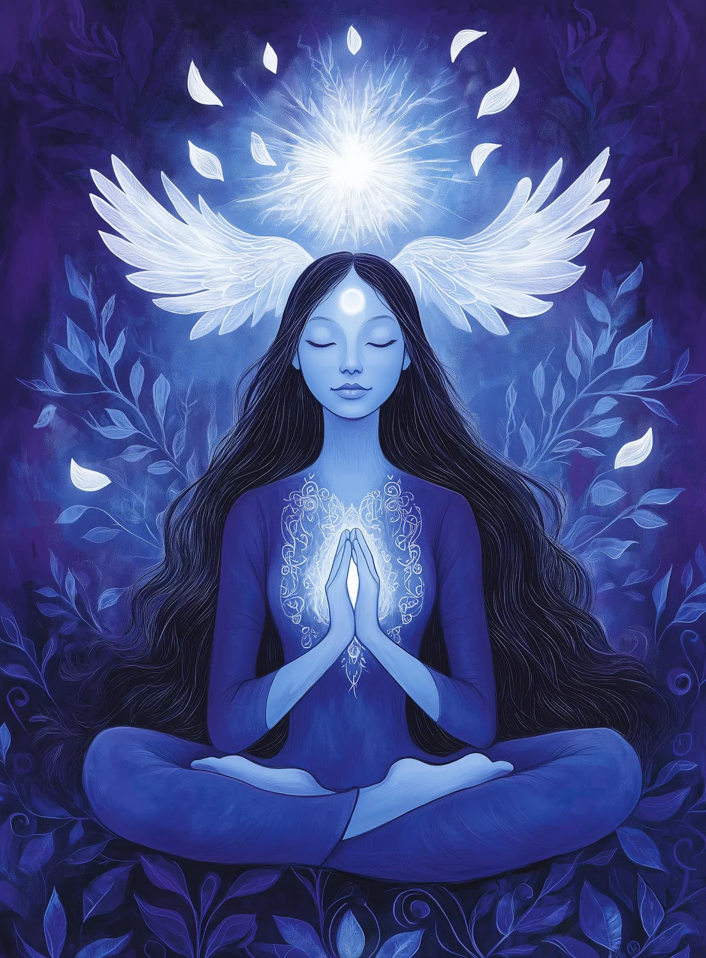 Meditáló női portré misztikus, nyugodt hangulattal
